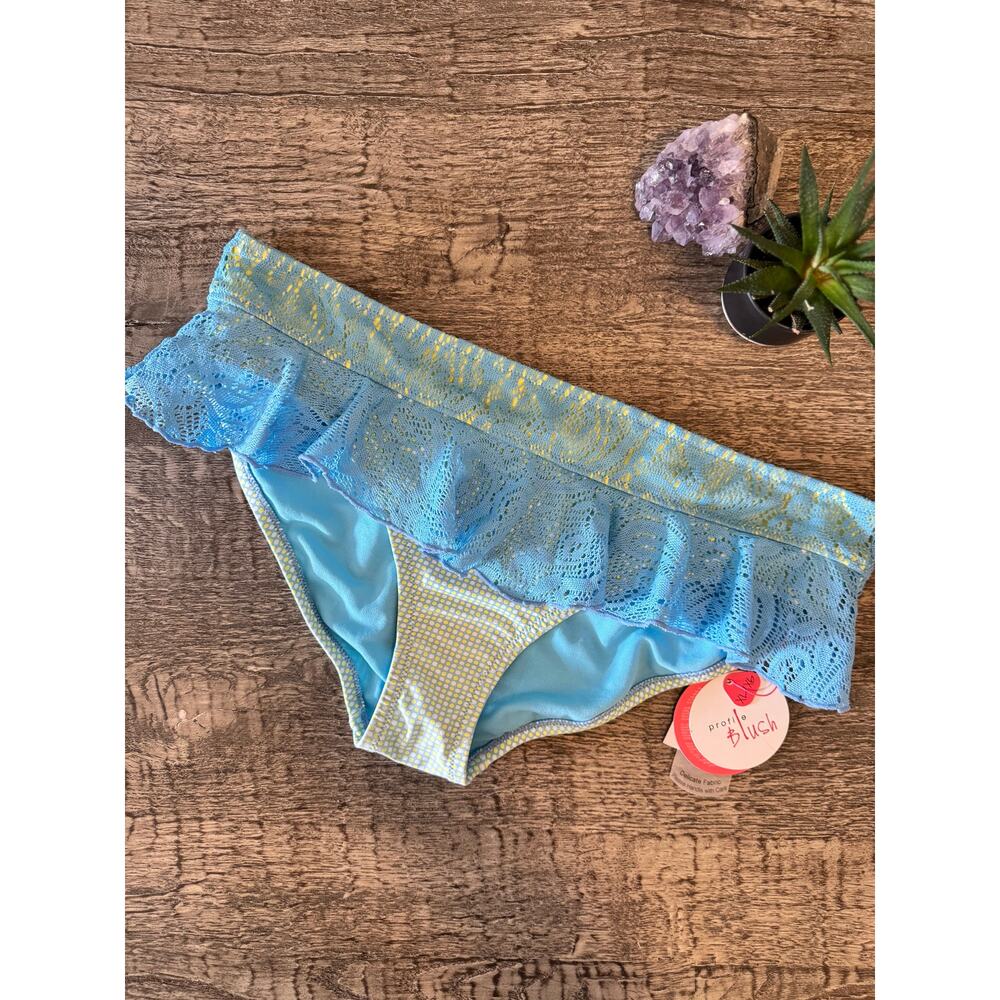Gottex Lace Ruffle XL Bikini Bottoms Y2K Baby Blue Gingham,Cottagecore Swim, NEW